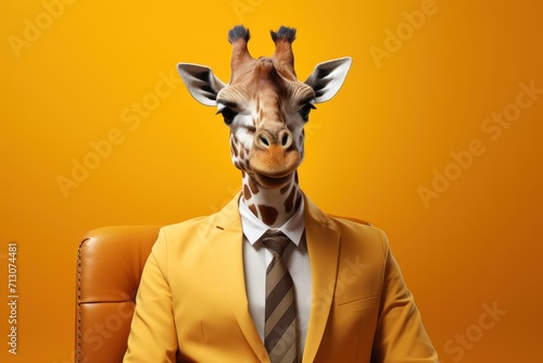 Funny giraffe in suit and tie isolated on orange background. © Berezhna_Iuliia