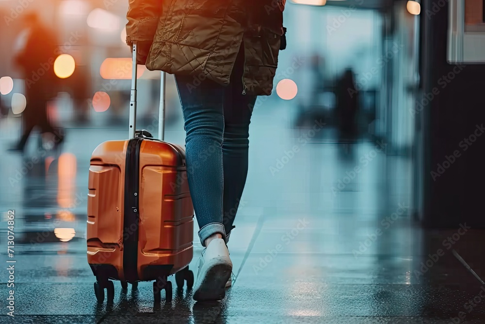 Obraz premium Traveler with suitcase ready for vacation journey business young woman in fashion holding to holiday adventure modern city background walking towards flight transportation
