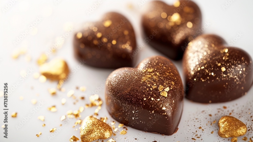 Heart-shaped chocolate truffles with gold accents on a white background Heart-shaped chocolate truffles with gold accents on a white background