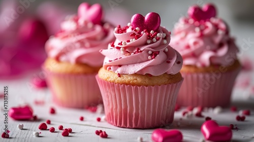 Valentine's Day cupcake arrangement with pink frosting and heart-shaped sprinkles on a white isolate background