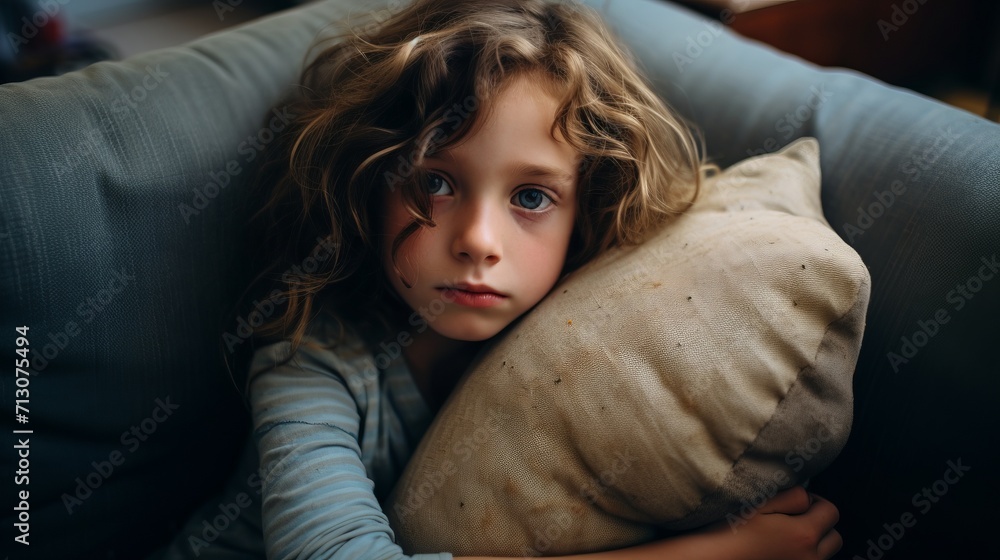 Child Embracing Pillow with Longing Expression Child Embracing Pillow with Longing Expression