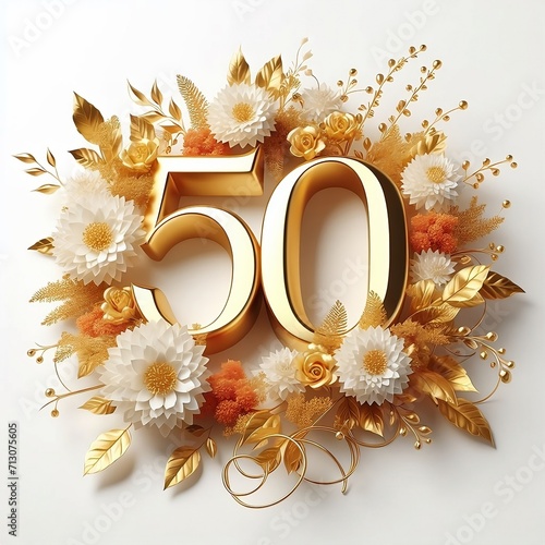 50 th golden texture with golden flowers on white background photo