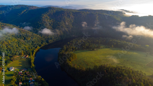 View of Vltava river. Meander from Solenice , aerial drone pic, Czech Republic © scimmery1