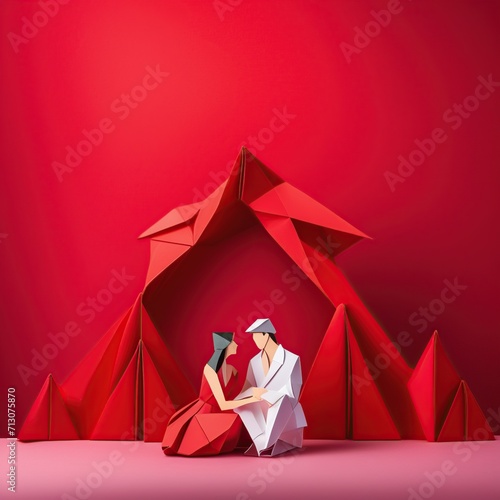 abstract art scene with two origami figures in love.
