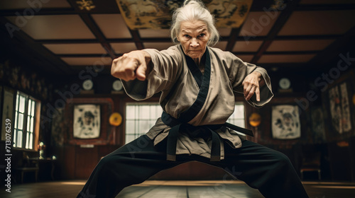 Elderly martial artist in a kimono performing a powerful punch in a traditional dojo.