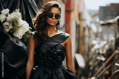Captivating portrait of a lady in a trendy black dress wearing sun glasses