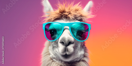A camel wearing sunglasses with a pink background ,Trendy Desert Animal, Sunglasses, Pink and Black Themes 