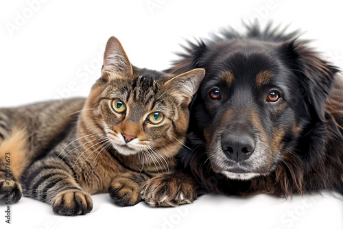 A cat and a dog lying side by side in front of a white background, cute animal friendship