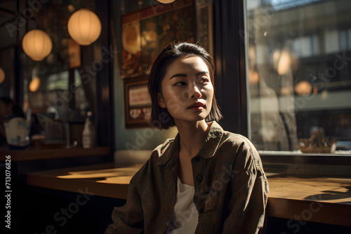 Sunlit Cafe Serenity: Midday Photo Session with an Asian Woman Immersed in Chic Interior photo