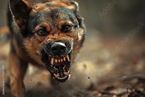 An aggressive dog growling and attacking, a dangerous dog showing it's teeth photo