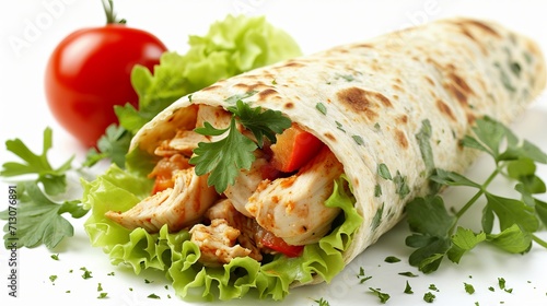 Savory chicken shawarma or doner roll with grilled chicken, veggies, and spices on white background