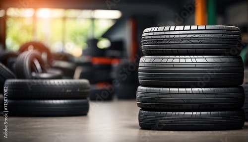 Stack of tires in garage. decoration with soft focus light and bokeh background