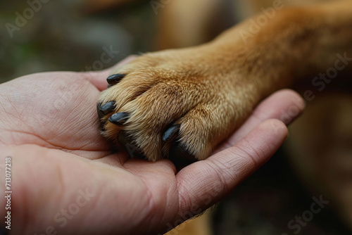 A dog putting his paw in his owner's hand close-up, depicting the friendship between humans and dogs