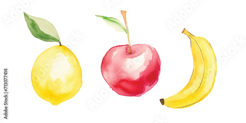 an apple banana and lemon fruit watercolor vector