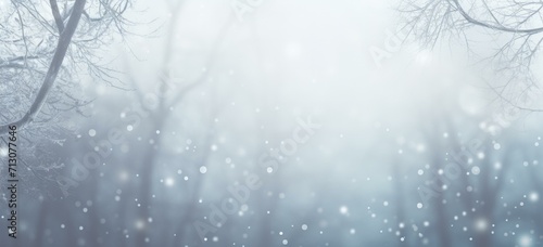 Winter forest background with snow falling. Generative AI.