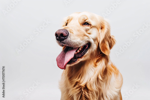 Cute portrait of a happy golden retriever in front of a white background