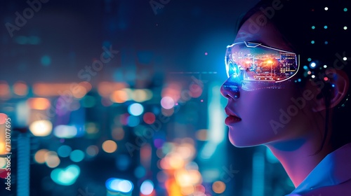 a woman wearing a pair of futuristic goggles in front of a cityscape at night © progressman