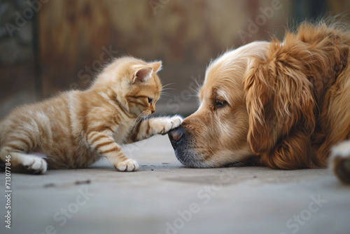 A kitten making friends with a bigger dog, cute animal friendship