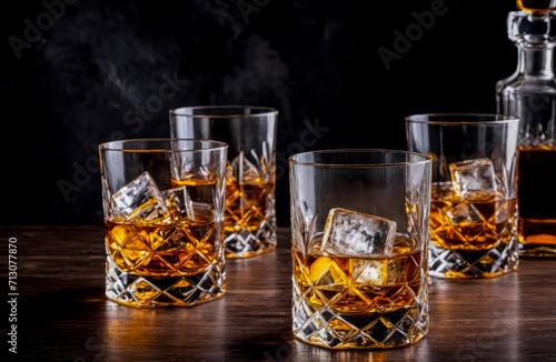 Glass of whisky with ice on dark wooden table and black background. retro glass of sophisticated whiskey, ice cubes