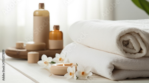 Spa accessory composition set in day spa hotel , beauty wellness center . Spa product are placed in luxury spa resort room , ready for massage therapy from professional service.