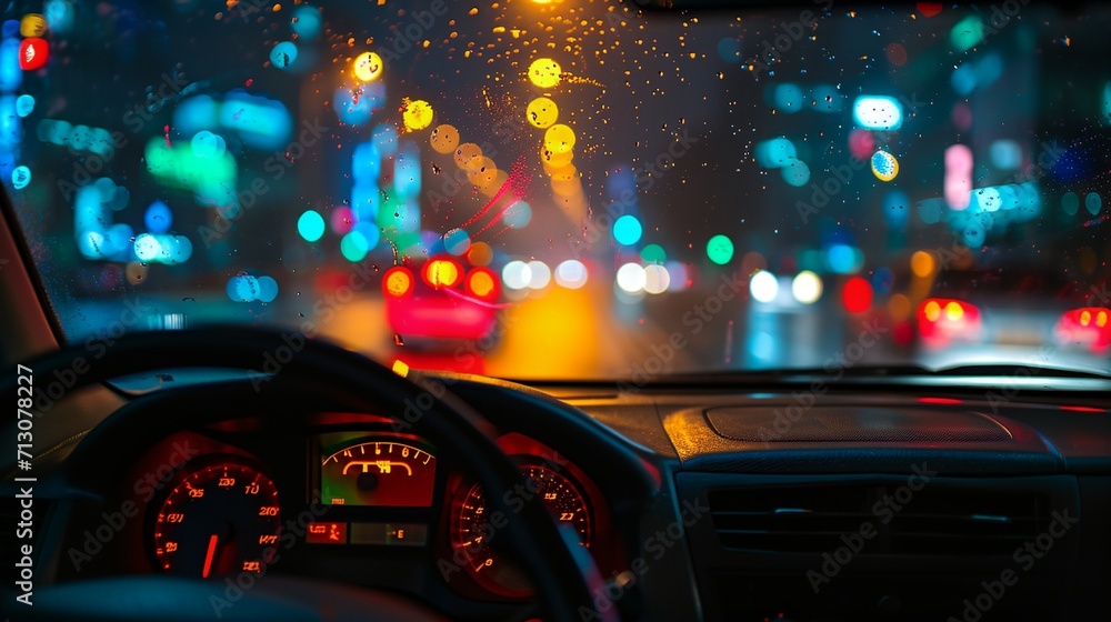 a car dashboard with a speedometer and a city street at night time a car dashboard with a speedometer and a city street at night time