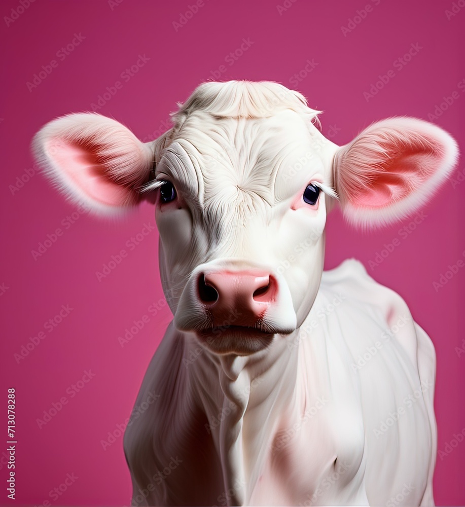 Adorable White Calf Portrait Against Vibrant Pink Background