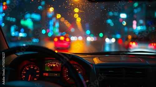 a car dashboard with a speedometer and a city street at night time © progressman