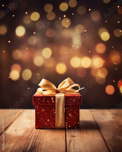 A gift box on wooden table with bokeh lights background stock photo. Generative AI. © serg3d
