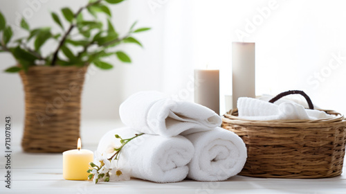 Spa accessory composition set in day spa hotel , beauty wellness center . Spa product are placed in luxury spa resort room , ready for massage therapy from professional service.