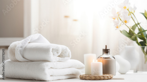 Spa accessory composition set in day spa hotel , beauty wellness center . Spa product are placed in luxury spa resort room , ready for massage therapy from professional service. photo