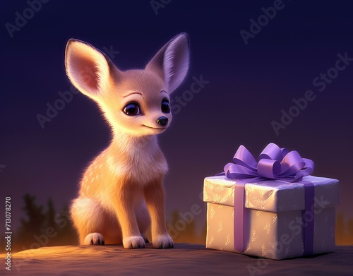 A cute little deer is sitting next to a gift box. Generative AI. © serg3d