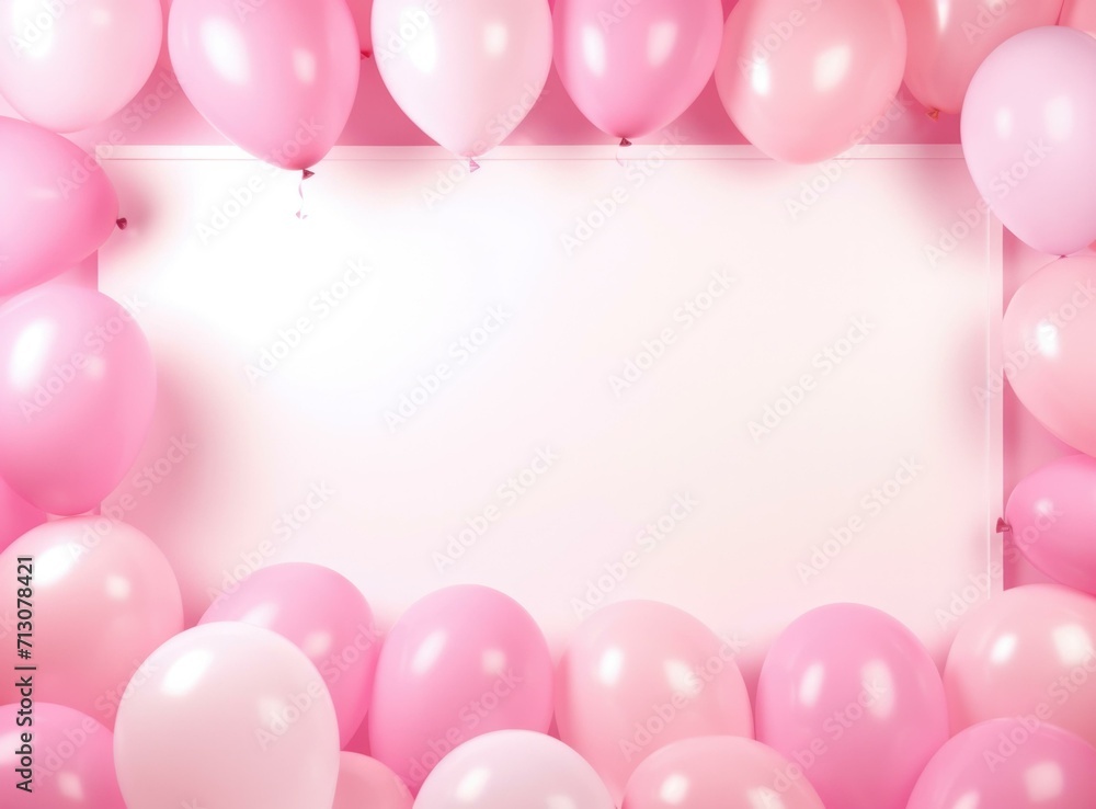 Pink balloons and blank frame on pink background. Generative AI.
