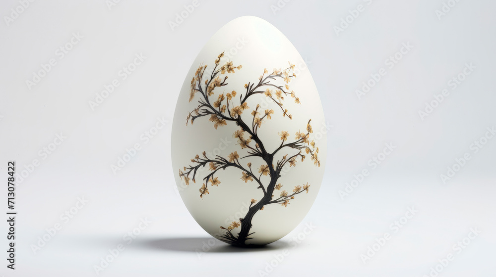 A minimalistic white egg decorated with a subtle pattern of branches stands against a clean background, accompanied by a delicate composition of dry branches. Elegant Easter background A minimalistic white egg decorated with a subtle pattern of branches stands against a clean background, accompanied by a delicate composition of dry branches. Elegant Easter background