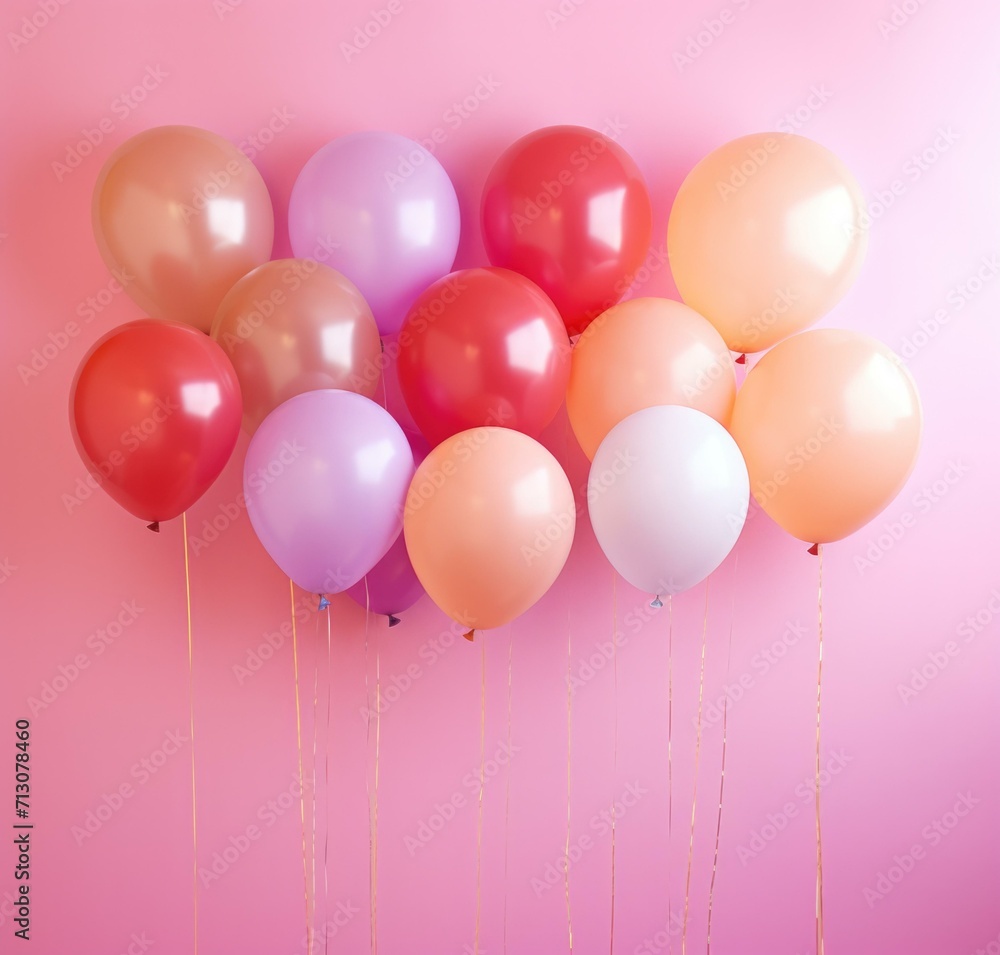 Many balloons on a pink background. Generative AI.