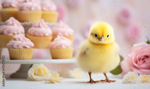A small yellow chick standing next to a cake. Generative AI. © serg3d