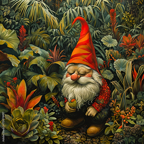 A mischievous gnome causing playful chaos in a garden filled with oversized, cartoonish plants photo