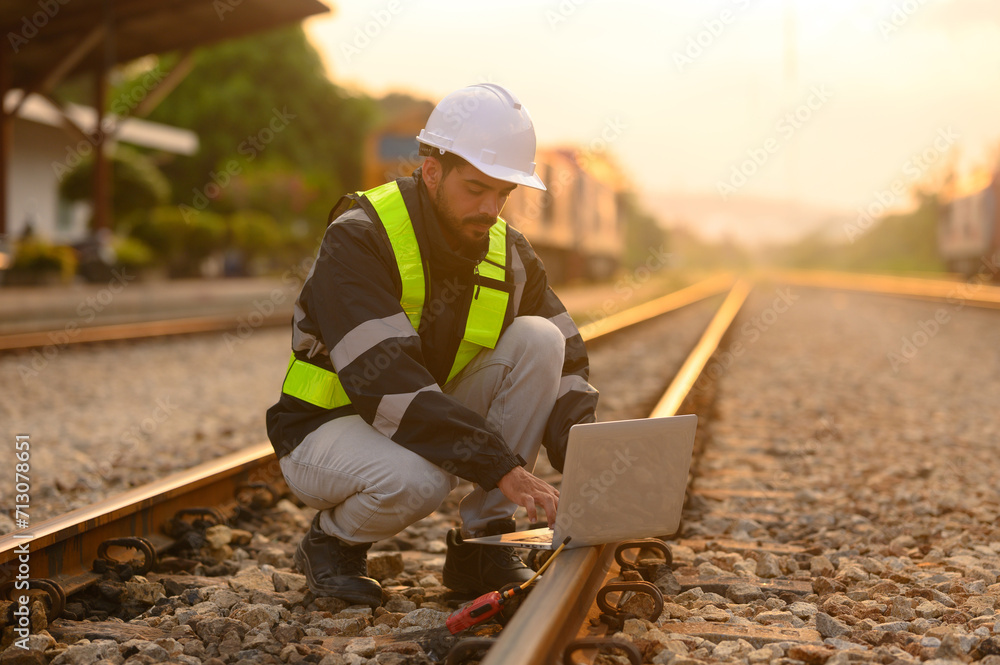 Male engineers with geen safety jackets working at train station Male engineers with geen safety jackets working at train station