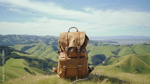 "Backpack on Grassy Hilltop amidst Rolling Hills"