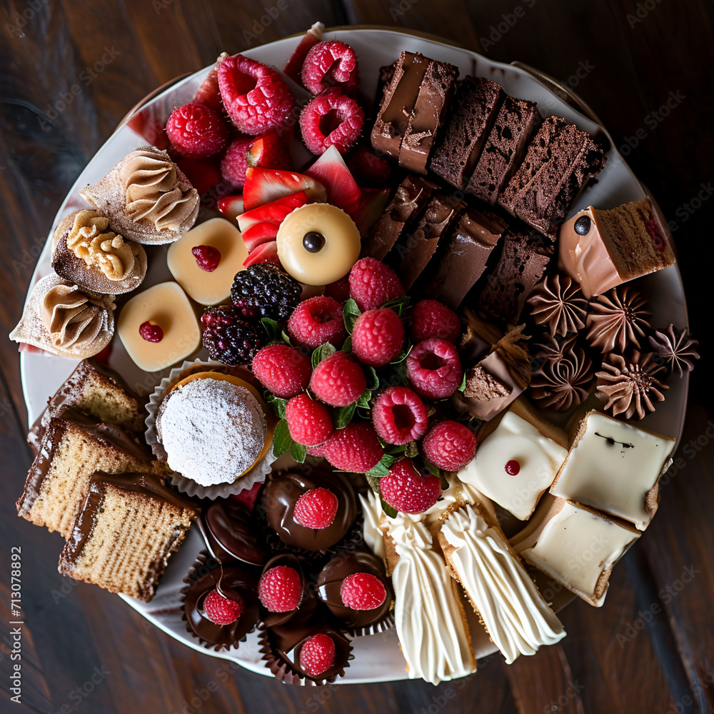 visually appealing dessert platter featuring a variety of decadent cakes, pastries, and sweets visually appealing dessert platter featuring a variety of decadent cakes, pastries, and sweets