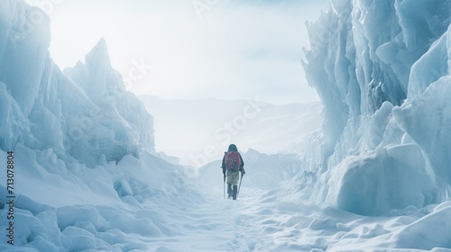 Arctic Expedition Team Member Navigating Treacherous Crevasse Field photo