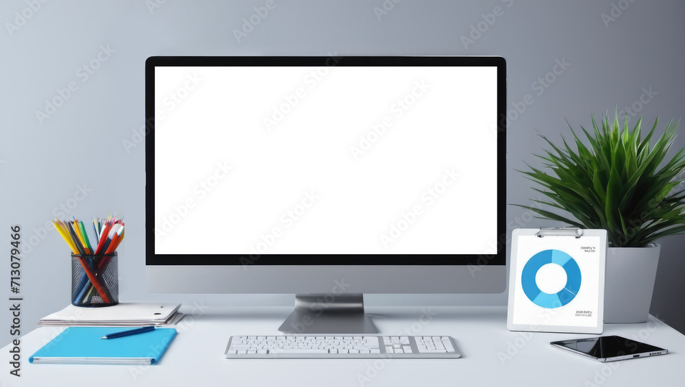 Workspace with Blank Computer Screen. Desktop Computer Monitor with Mock Up Blue Screen Display Standing on Desk in Modern Business Office. Workspace with Blank Computer Screen. Desktop Computer Monitor with Mock Up Blue Screen Display Standing on Desk in Modern Business Office.
