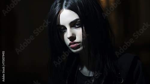 Contemplative Goth Girl in Moody Lighting