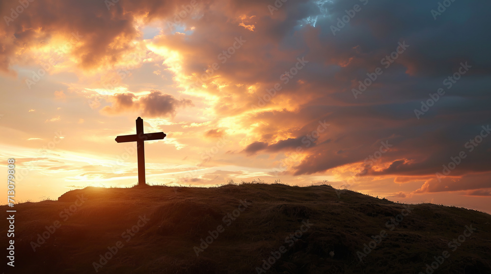 Silhouette of a cross on a hill at sunrise, symbolizing Good Friday, rendered with AI generative artistry.