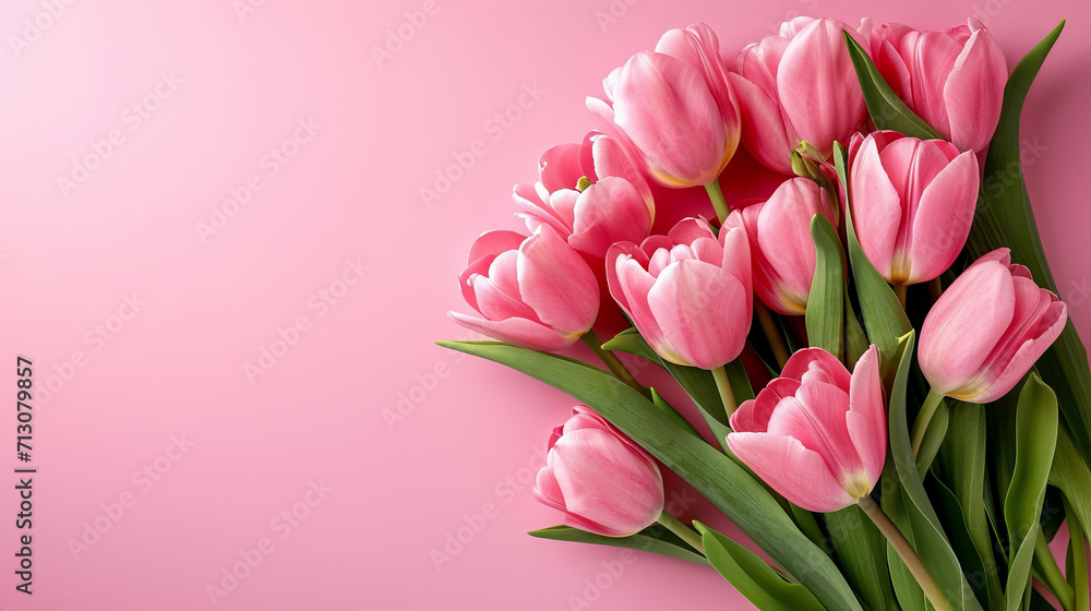 Pink tulips elegantly arranged on a pink surface, depicted through AI generative art.
