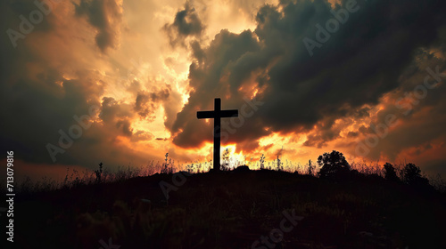 The cross on a hill silhouetted against a sky ablaze with sunset colors, crafted with AI generative detail.