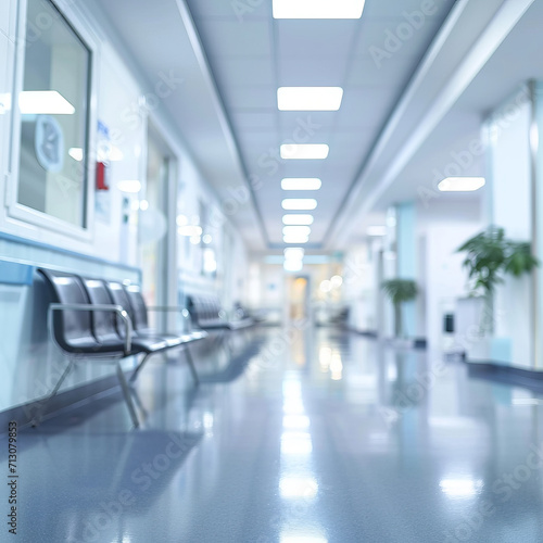 A modern hospital corridor, shining clean with a focus on healthcare, an AI generative work.