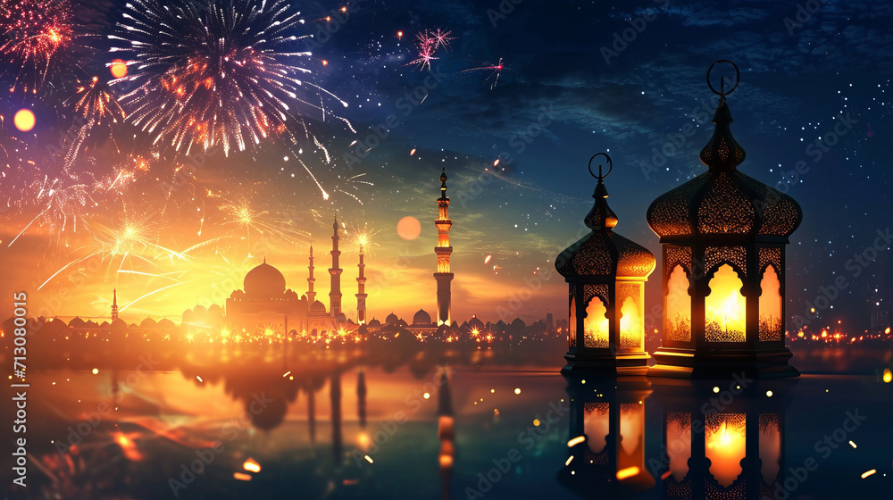 Majestic mosque and lanterns with fireworks backdrop in an AI generative artwork. This creation is AI generative.