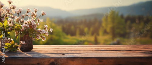 Wooden table spring nature bokeh background, empty wood desk product display mockup with green park sunny blurry abstract garden backdrop landscape ads showcase presentation. Mock up, copy space. photo