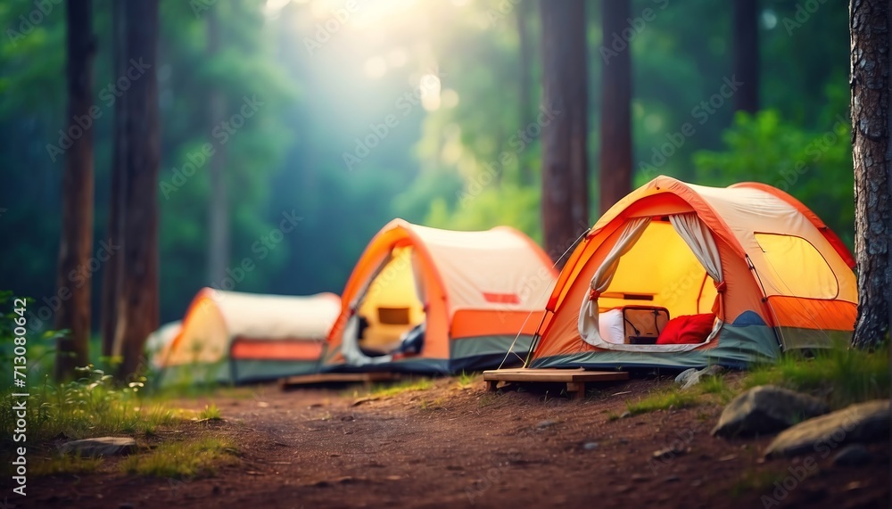 Mountain tourist campground or campsite with tents