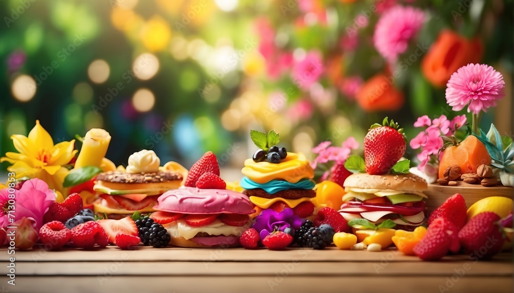 Colorful different food decoration with soft focus light and bokeh background